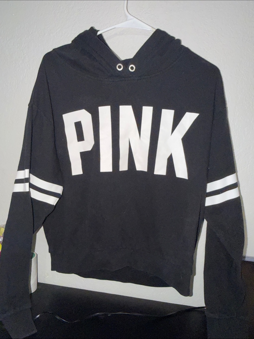 PINK Victoria's Secret Black Hoodie with White Logo and Sleeve Stripes